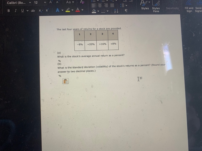  calculate average annual return A - Calibri (Bo... 12 A A