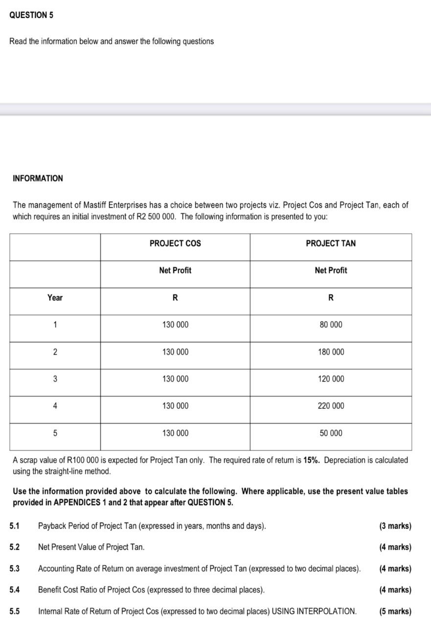 QUESTION 5 Read the information below and answer the following questions