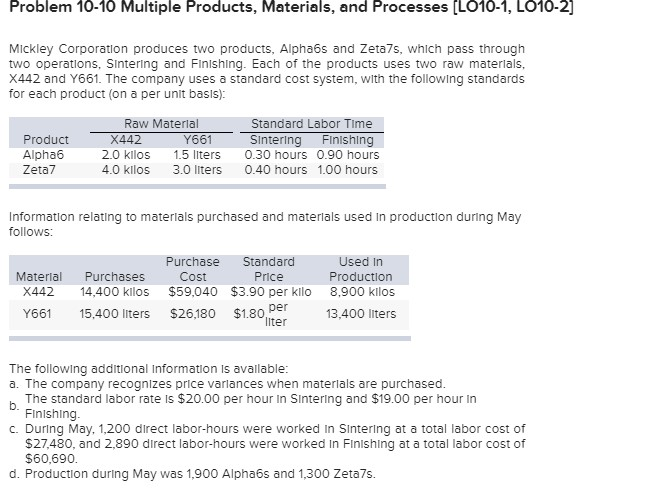  Problem 10-10 Multiple Products, Materials, and Processes (LO10-1, LO10-2] Mickley Corporation