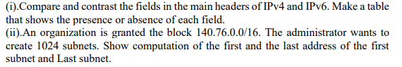  (i).Compare and contrast the fields in the main headers of IPv4