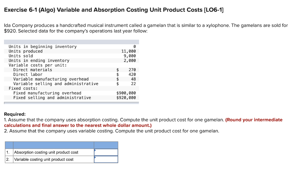  Exercise 6-1 (Algo) Variable and Absorption Costing Unit Product Costs [LO6-1)