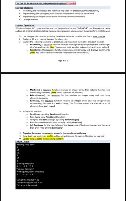 solve it with C language Exercise 3-Array operations using recursive functions 3