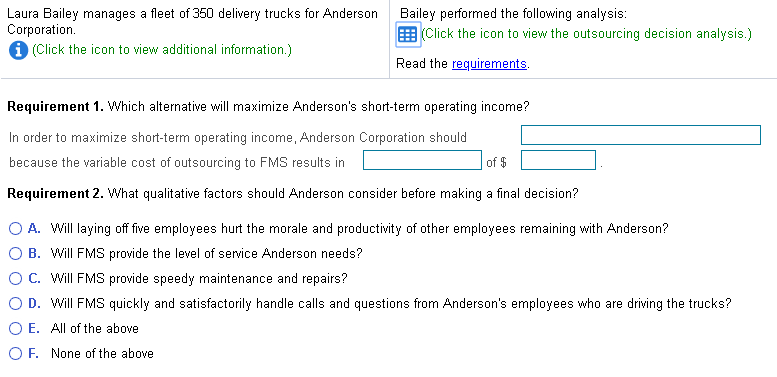 outsource to FMS 2. a cost savings of or additional cost of