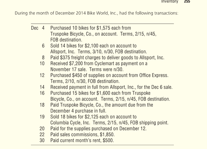 line of custom road bikes. Bike World's inventory, as of November 30,