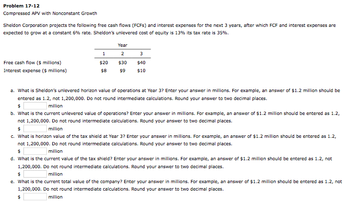 Please Help!! Compressed APV with Nonconstant Growth Sheldon Corporation projects the following