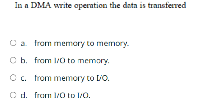  In a DMA write operation the data is transferred a. from