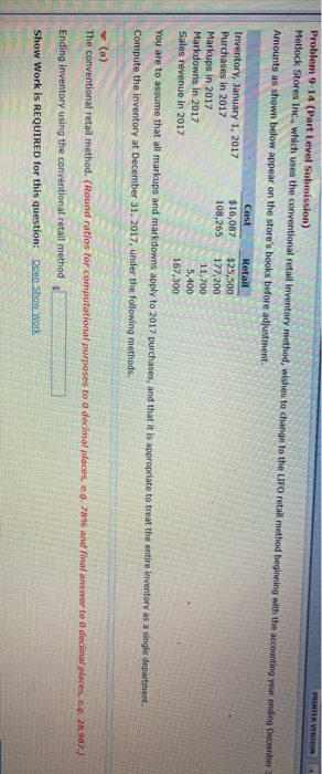  PRINTER VERSION Problem 9-14 (Part Level Submission) Metlock Stores Inc., which