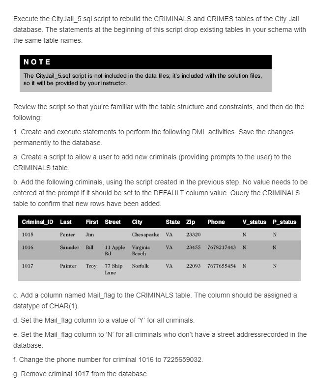  ' Advance challenge: Execute the CityJail_5.sql script to rebuild the CRIMINALS
