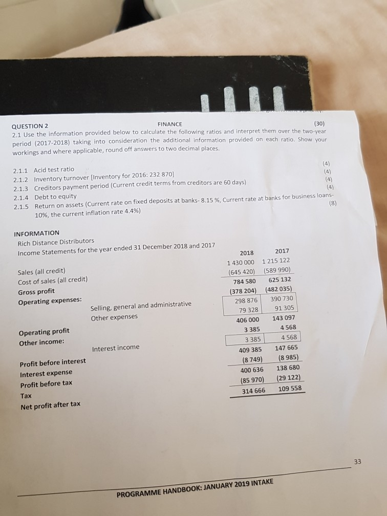  QUESTION 2 FINANCE (30) 2.1 Use the information provided below to