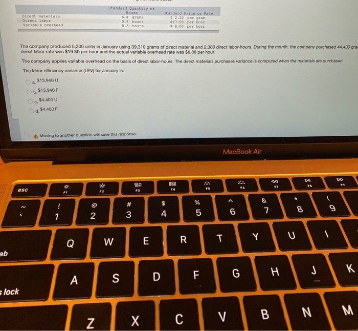  Direet materials Direct labor Variable overhead Standard Quantity or Hours 6.4