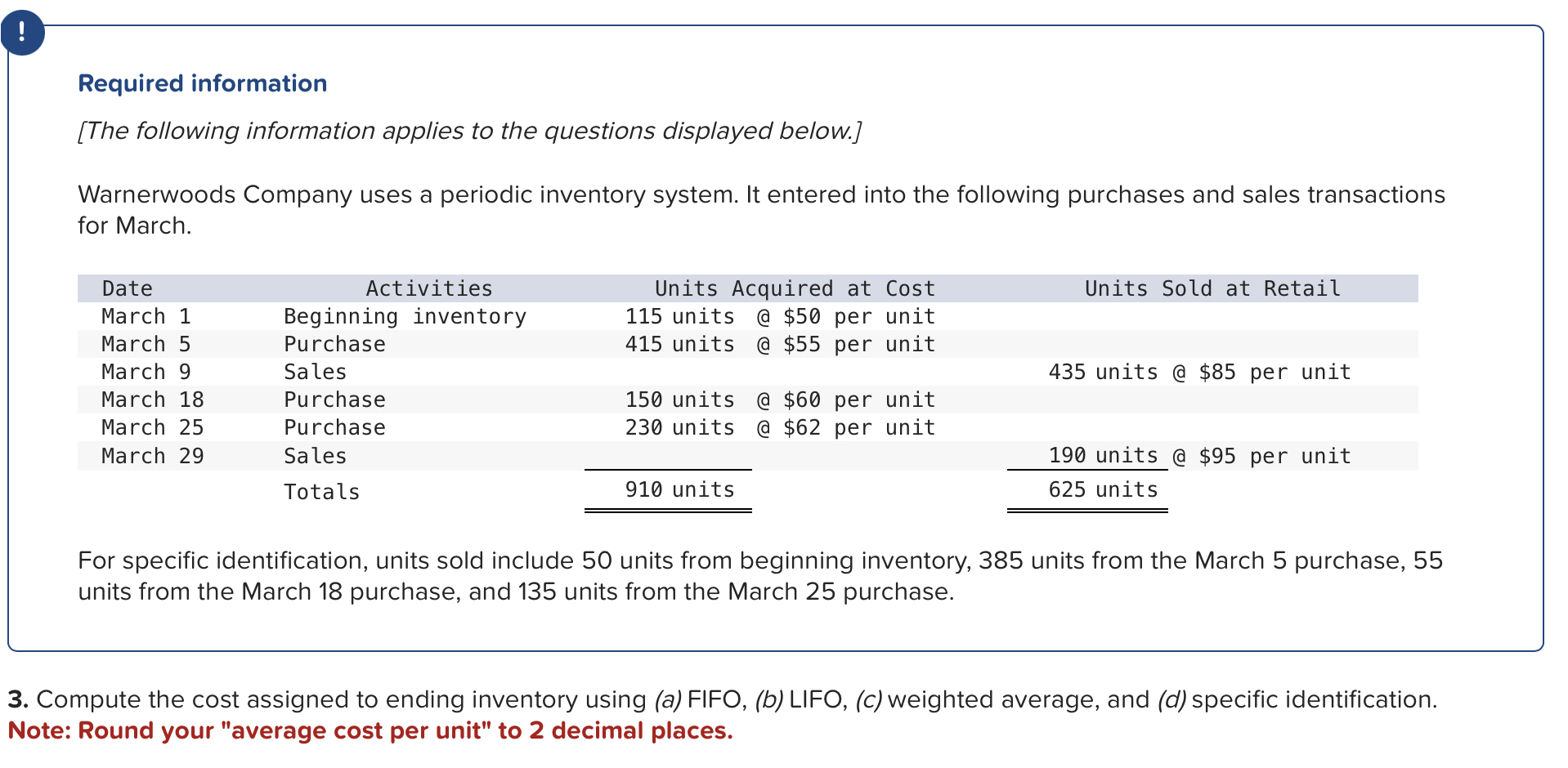 (b) LIFO, (c) weighted average, and (d) specific identification. Note: Round your