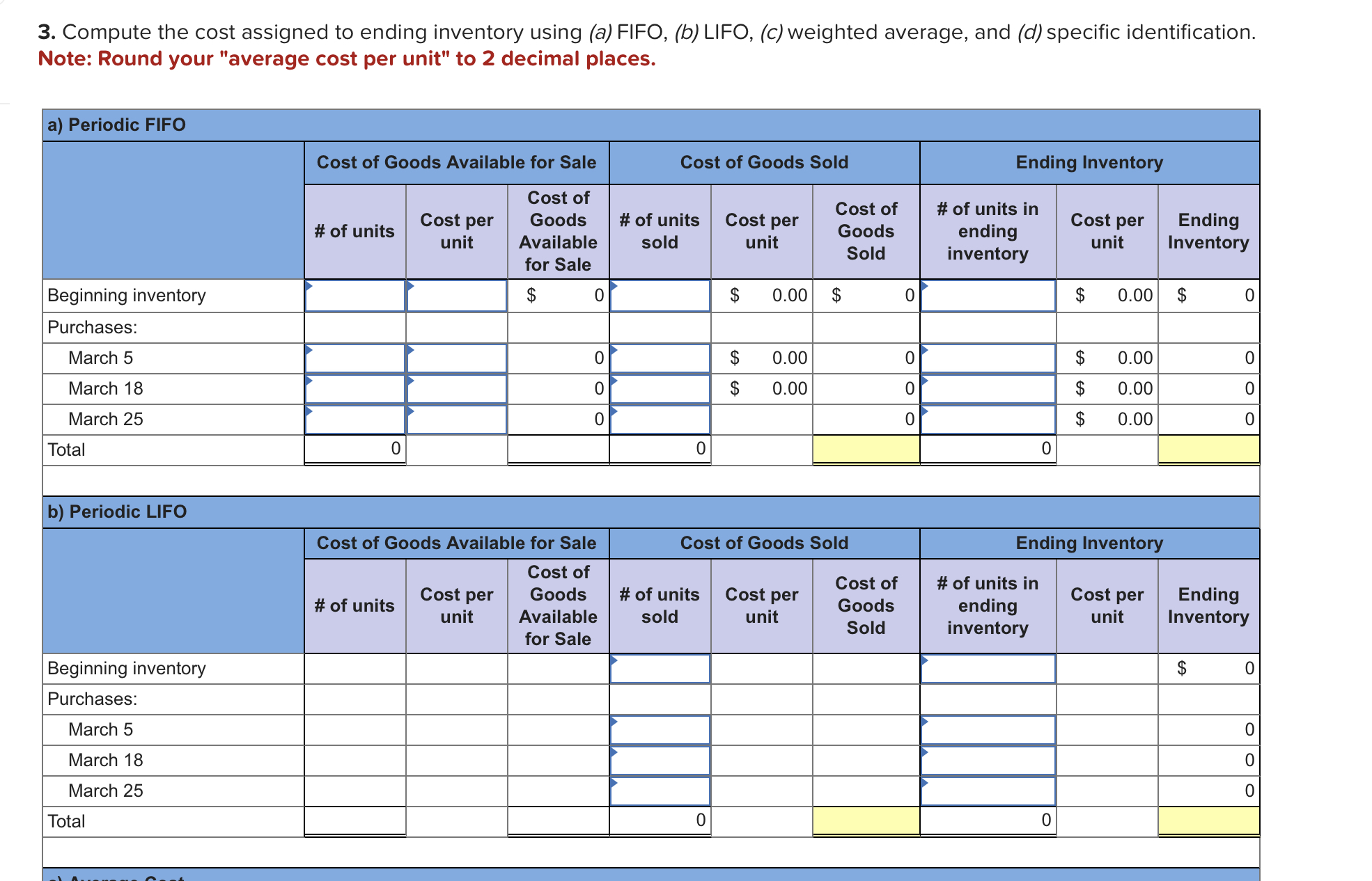 "average cost per unit" to 2 decimal places. c) Average Cost \begin{tabular}{|c|c|c|c|c|c|c|c|c|c|}