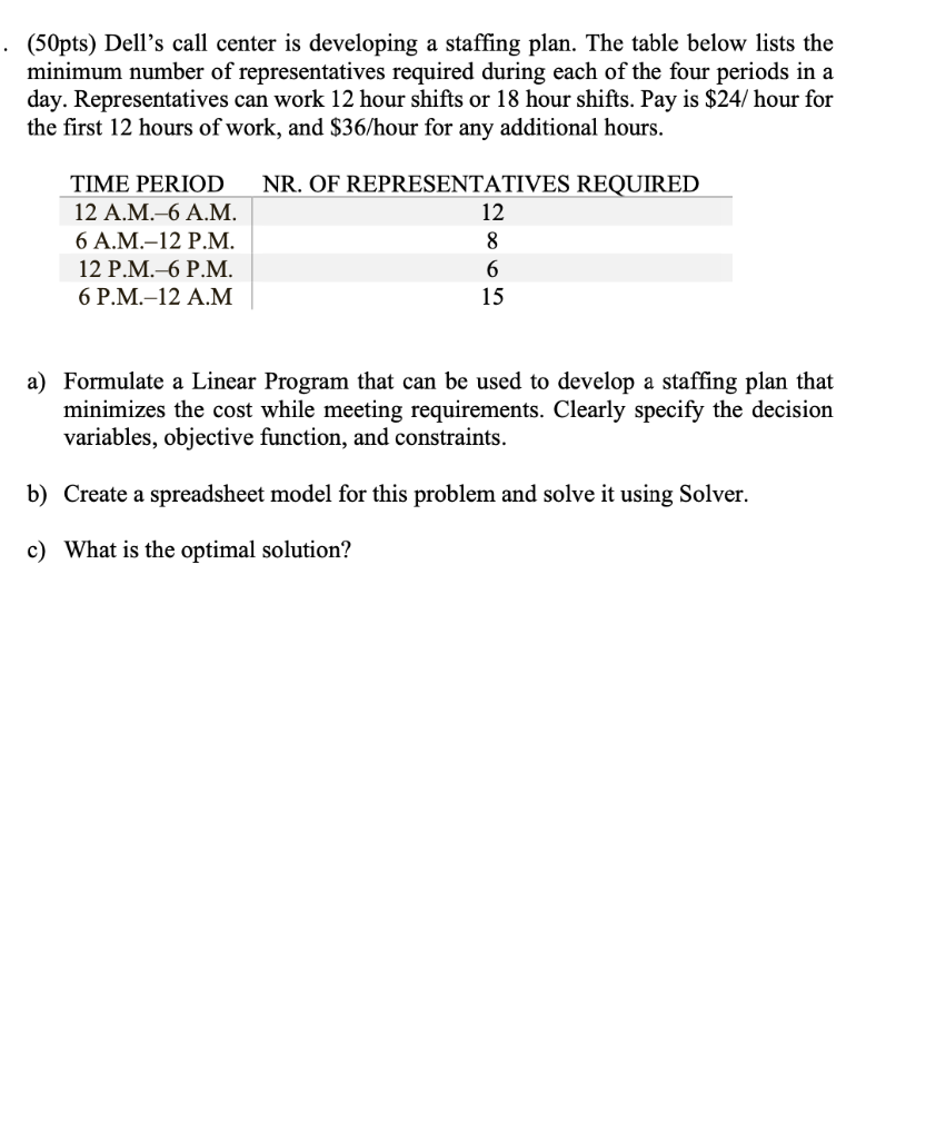  (50pts) Dell's call center is developing a staffing plan. The table