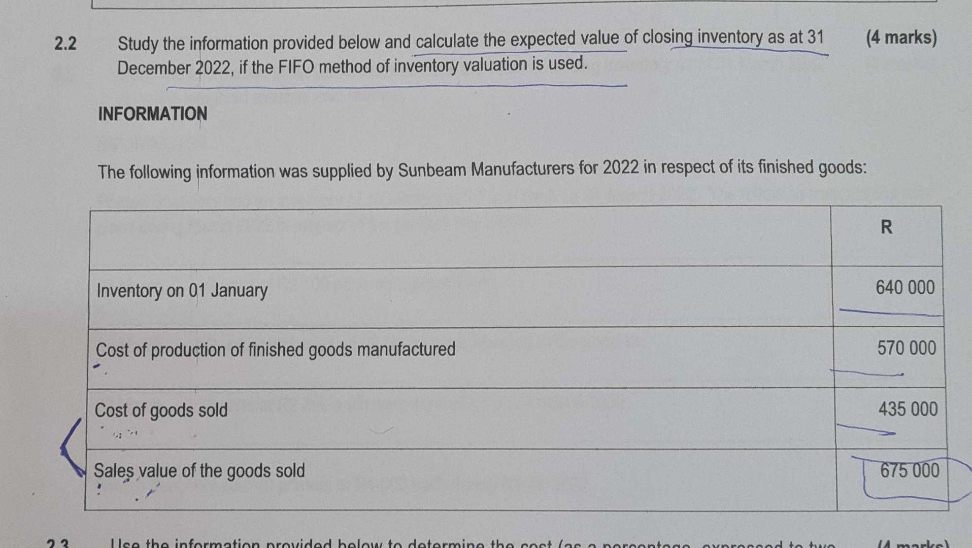  2.2 23 Study the information provided below and calculate the expected
