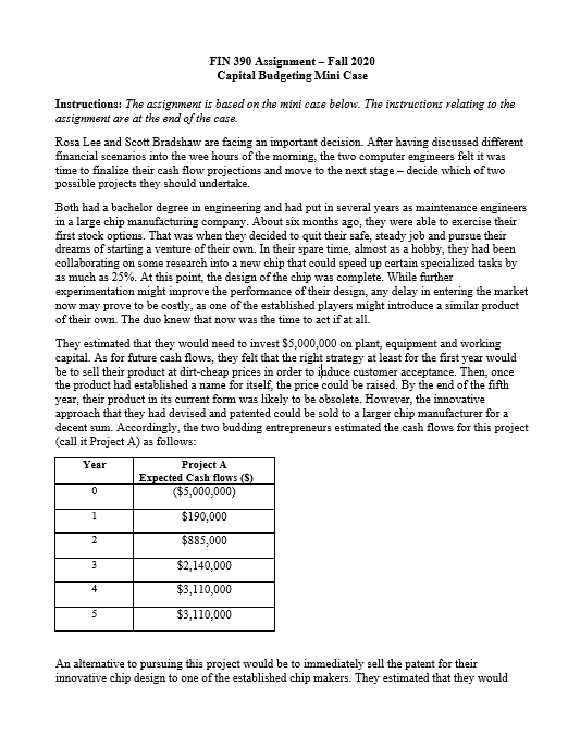 FIN 390 Assignment - Fall 2020 Capital Budgeting Mini Case Instructions: