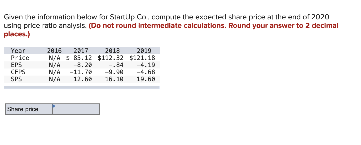  Given the information below for StartUp Co., compute the expected share