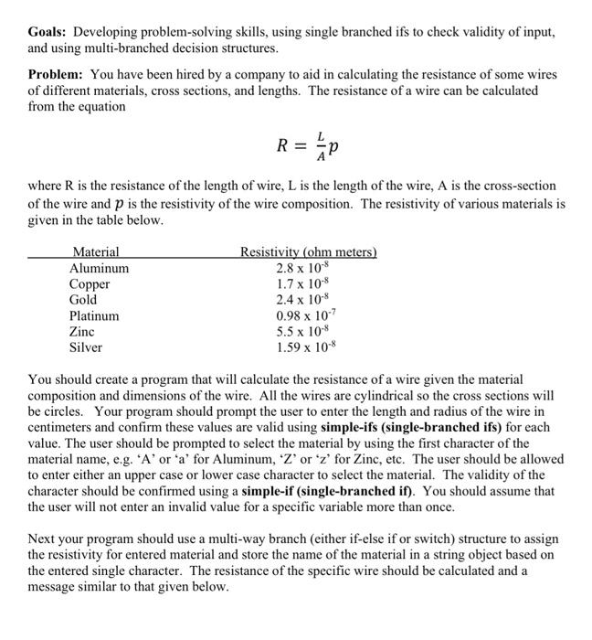  Goals: Developing problem-solving skills, using single branched ifs to check validity