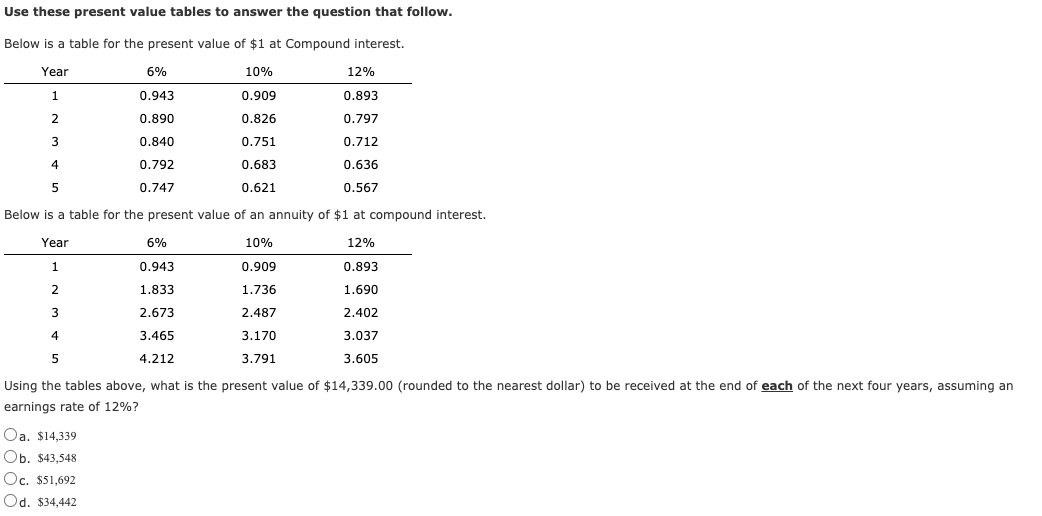  Use these present value tables to answer the question that follow.