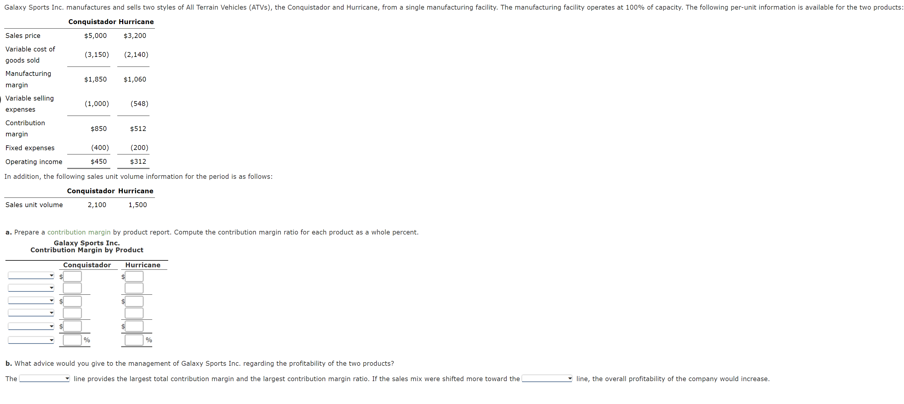  a. Prepare a contribution margin by product report. Compute the contribution