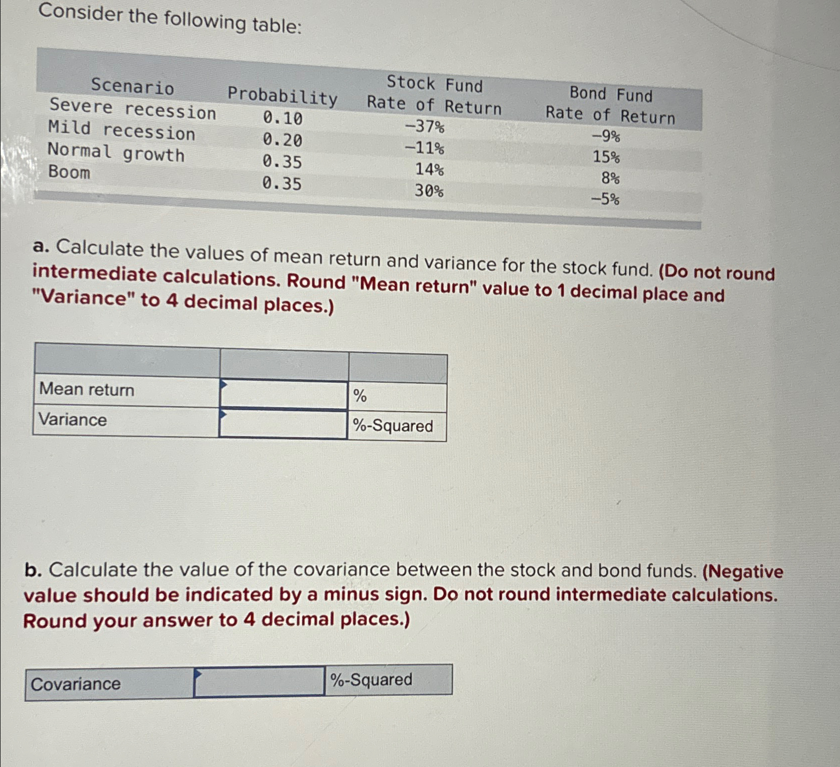  Consider the following table: \table[[Scenario,Probability,\table[[Stock Fund],[Rate of Return]],\table[[Bond Fund],[Rate of Return]]],[Severe