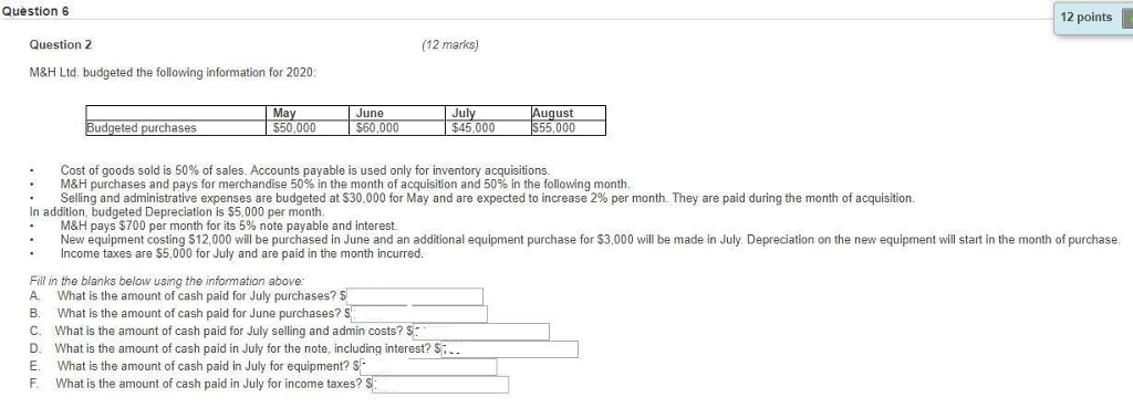  Question 6 12 points Question 2 (12 marks) M&H Ltd. budgeted