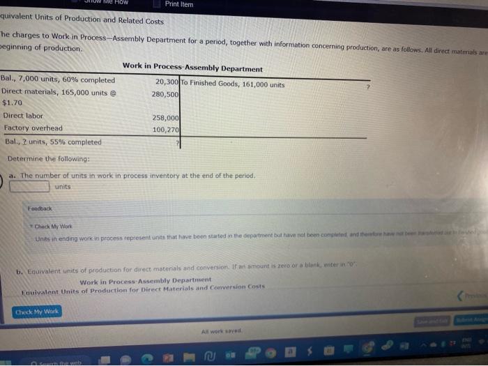  charges to Work in Process - Assembly Department for a period,