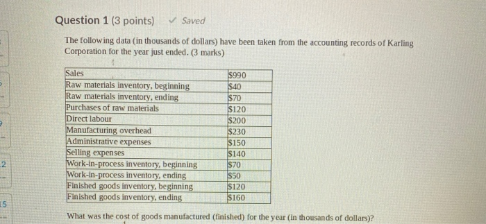  Question 1 (3 points) Saved The following data (in thousands of