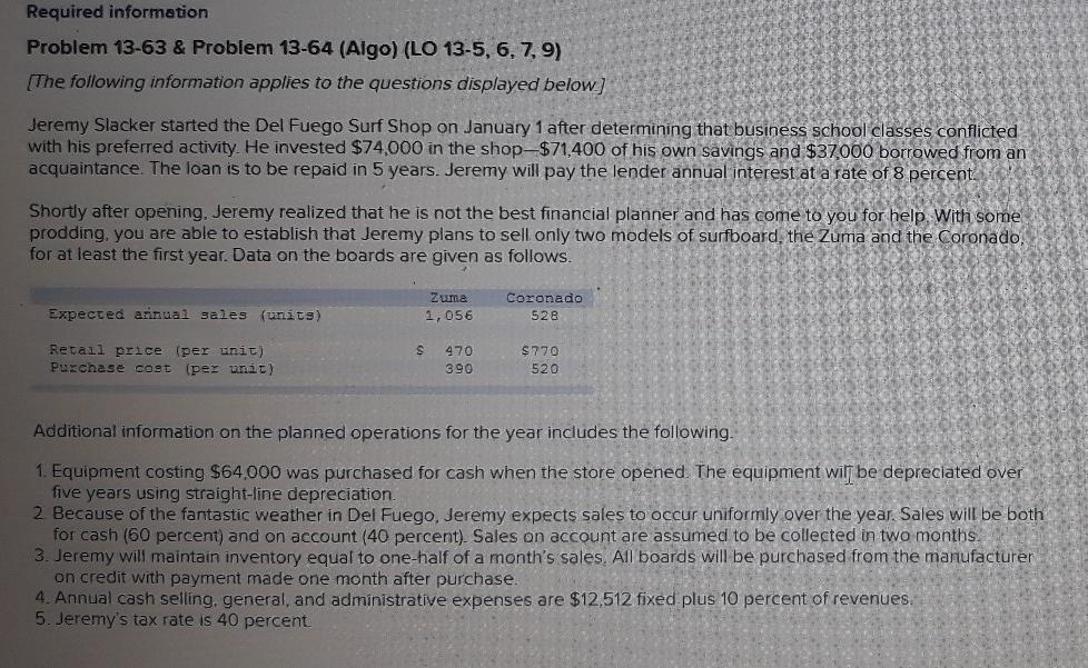 Required information Problem 13-63 & Problem 13-64 (Algo) (LO 13-5, 6,