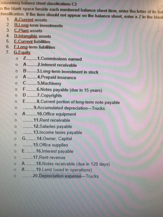 Blank problems Determining balance sheet classifications C3 in the blank space beside