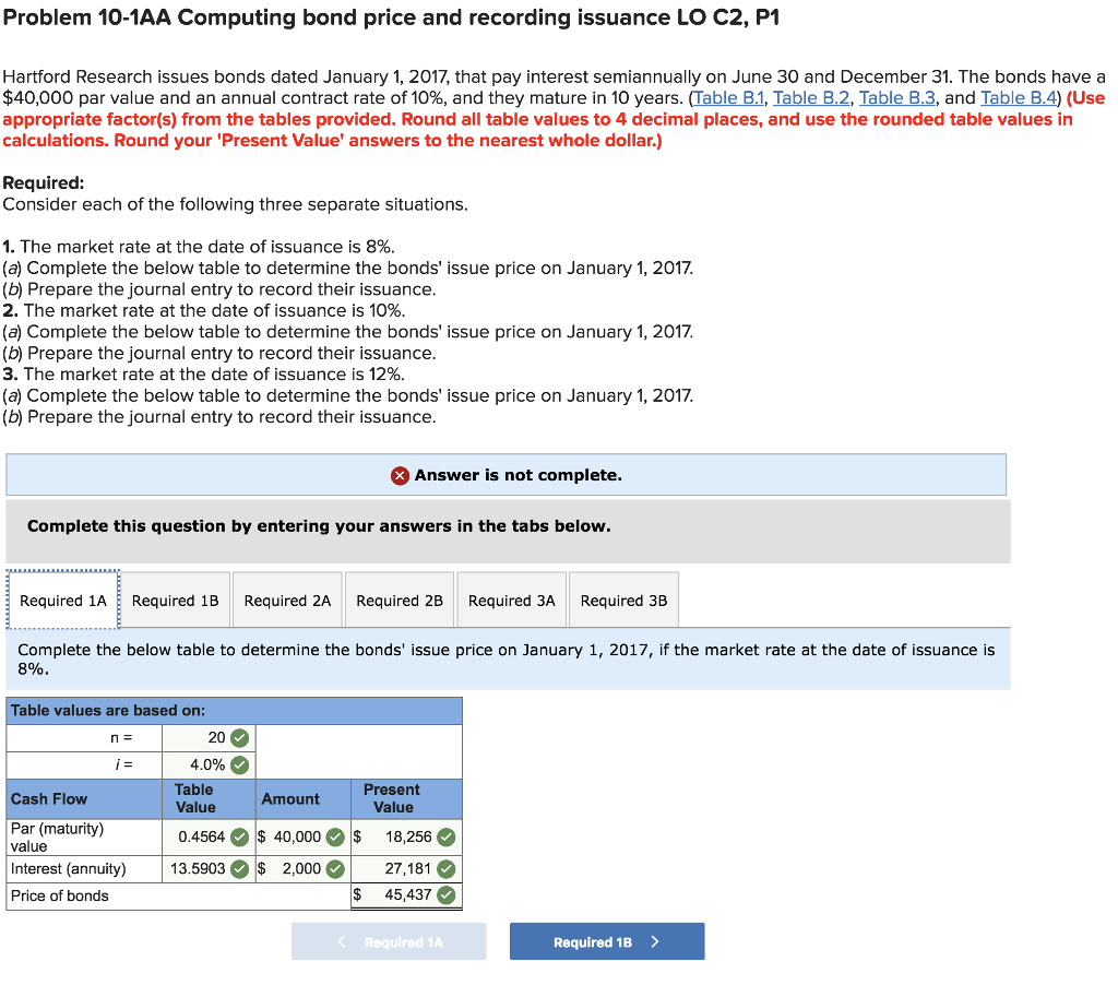 Problem 10-1AA Computing bond price and recording issuance LO C2, P1