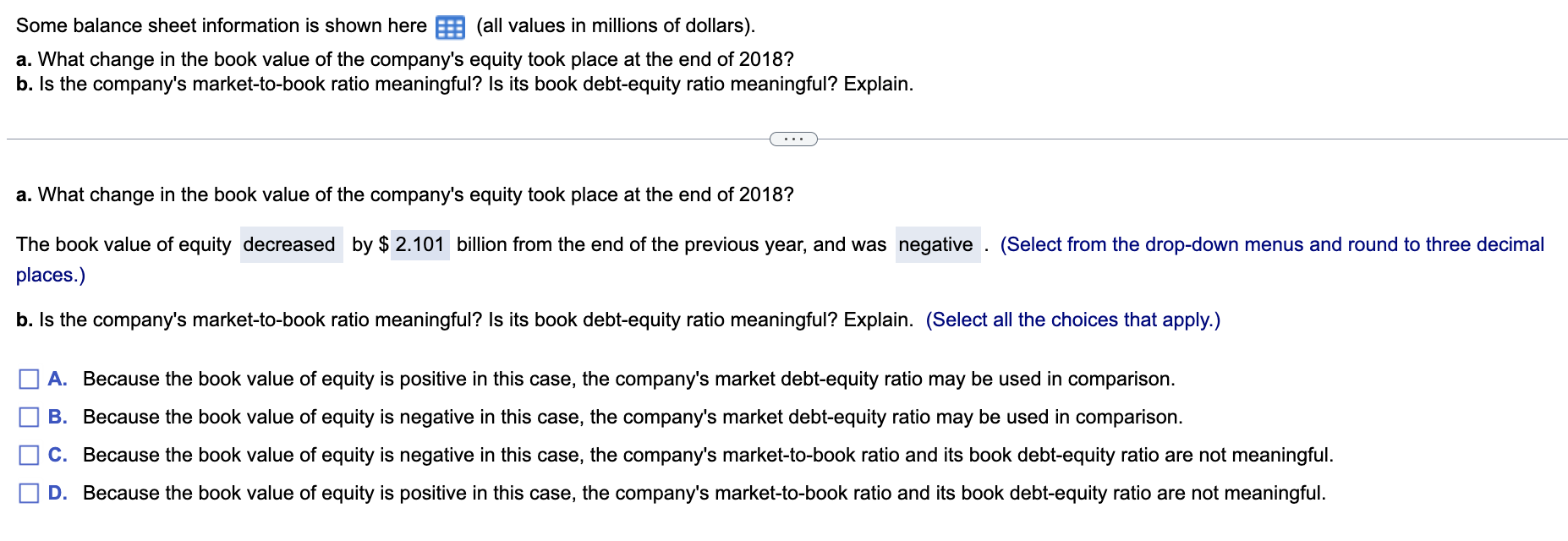 Some balance sheet information is shown here (all values in millions