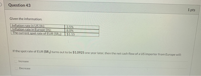 please answer this question Question 43 1 pts Given the information: Inflation