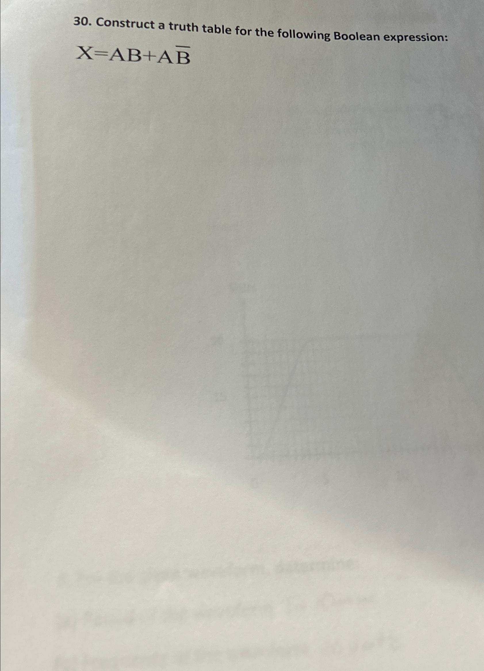  Construct a truth table for the following Boolean expression: x=AB+Abar(B) 