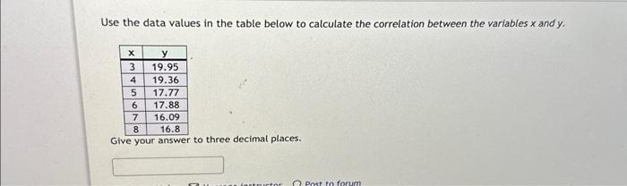 correlation between the variables x and y. Give your answer to three