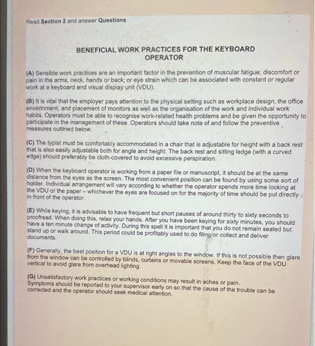  Read Section 2 and answer Questions BENEFICIAL WORK PRACTICES FOR THE