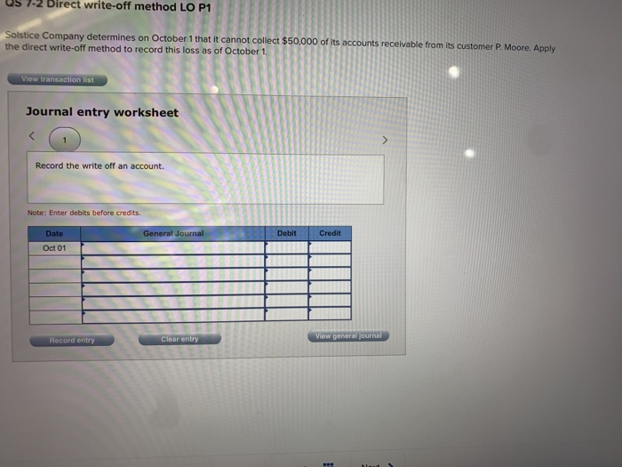  S 7-2 Direct write-off method LO P1 Solstice Company determines on