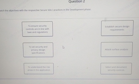  Question 2 atch the objectives with the respsective Secure SDLC practices