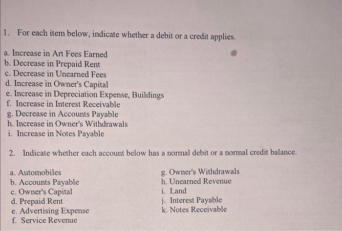  1. For each item below, indicate whether a debit or a