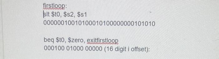 MIPS ArchitectureTranslate MIPS to 32 bit binary form firstloop: sit$t0,$s2,$s100000010010100010100000000101010 beq \$to,