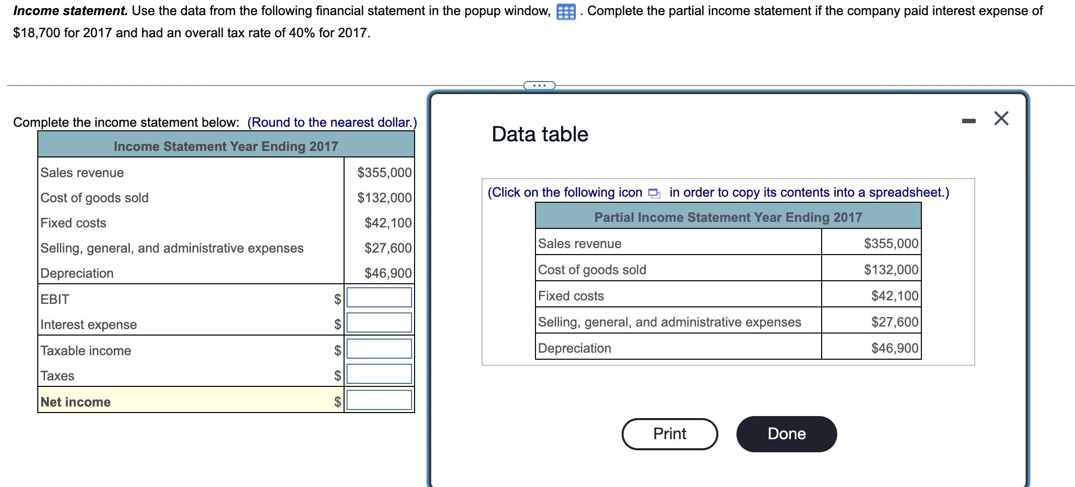 Income statement. Use the data from the following financial statement in