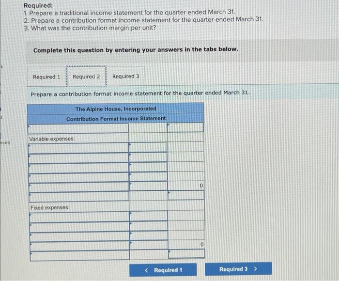 information shown below for the quarter ended March 31: Required: 1. Prepare