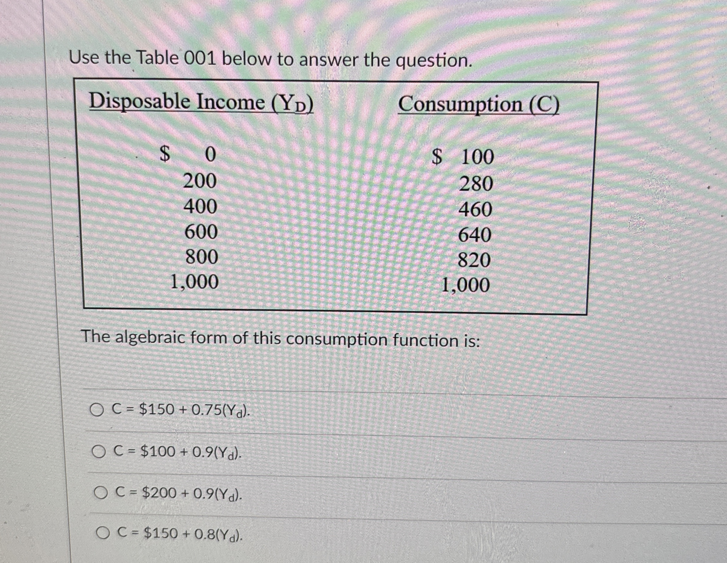  Use the Table 001 below to answer the question. \table[[Disposable Income