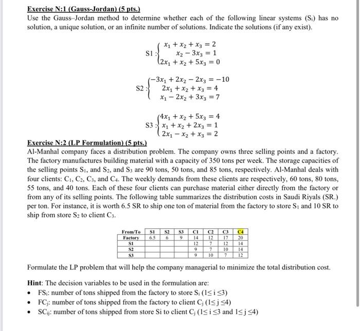 please on excel only question 5(ex 5) Exercise N: 1 (Gauss-Jordan) (5