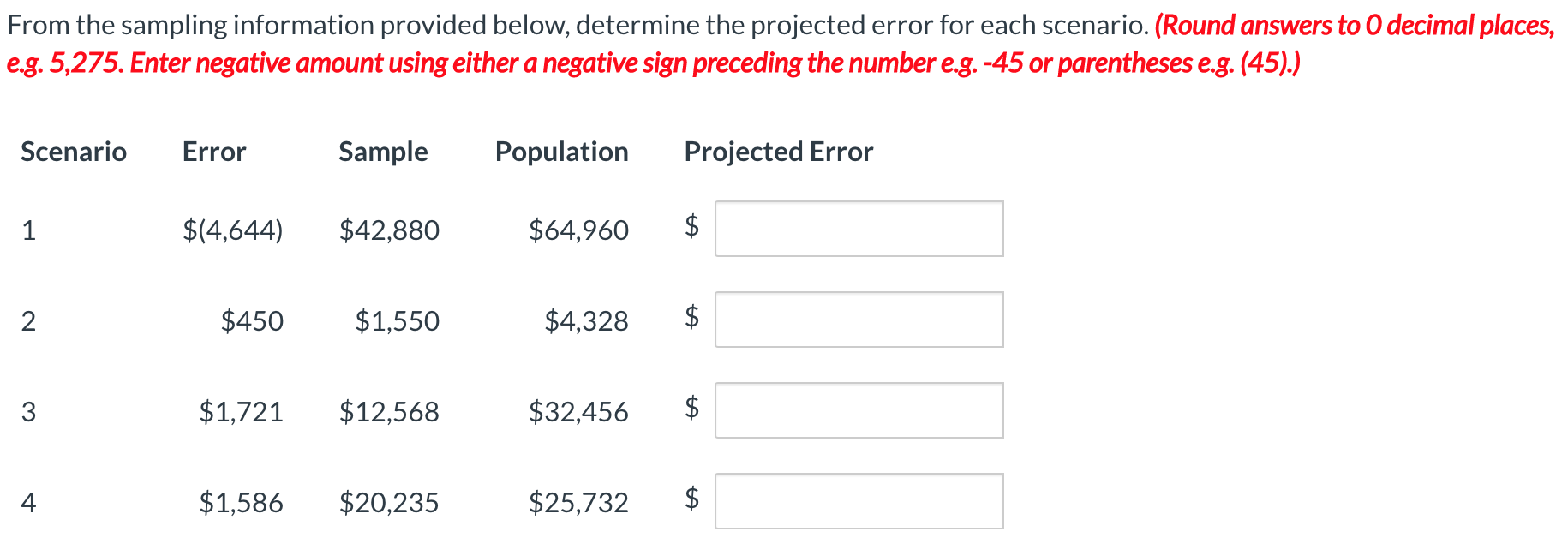  From the sampling information provided below, determine the projected error for