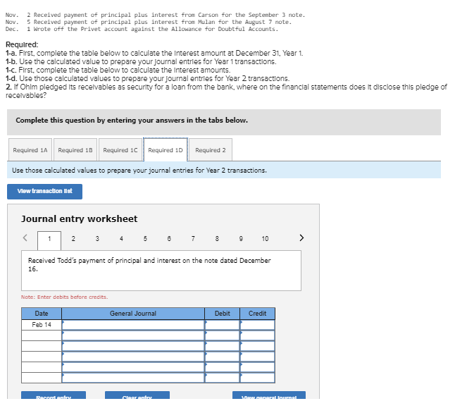note. Year 2 Feb. 14 Received Todd's payment of principal and interest