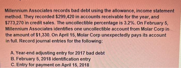  Millennium Associates records bad debt using the allowance, income statement method.