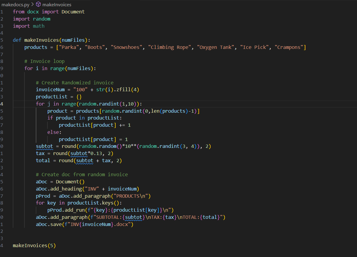  1 from docx import Documentimport math products =["Parka", "Boots", "Snowshoes", "Climbing