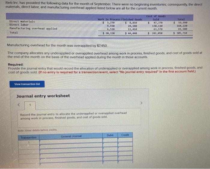  Rieb Inc has provided the following data for the month of