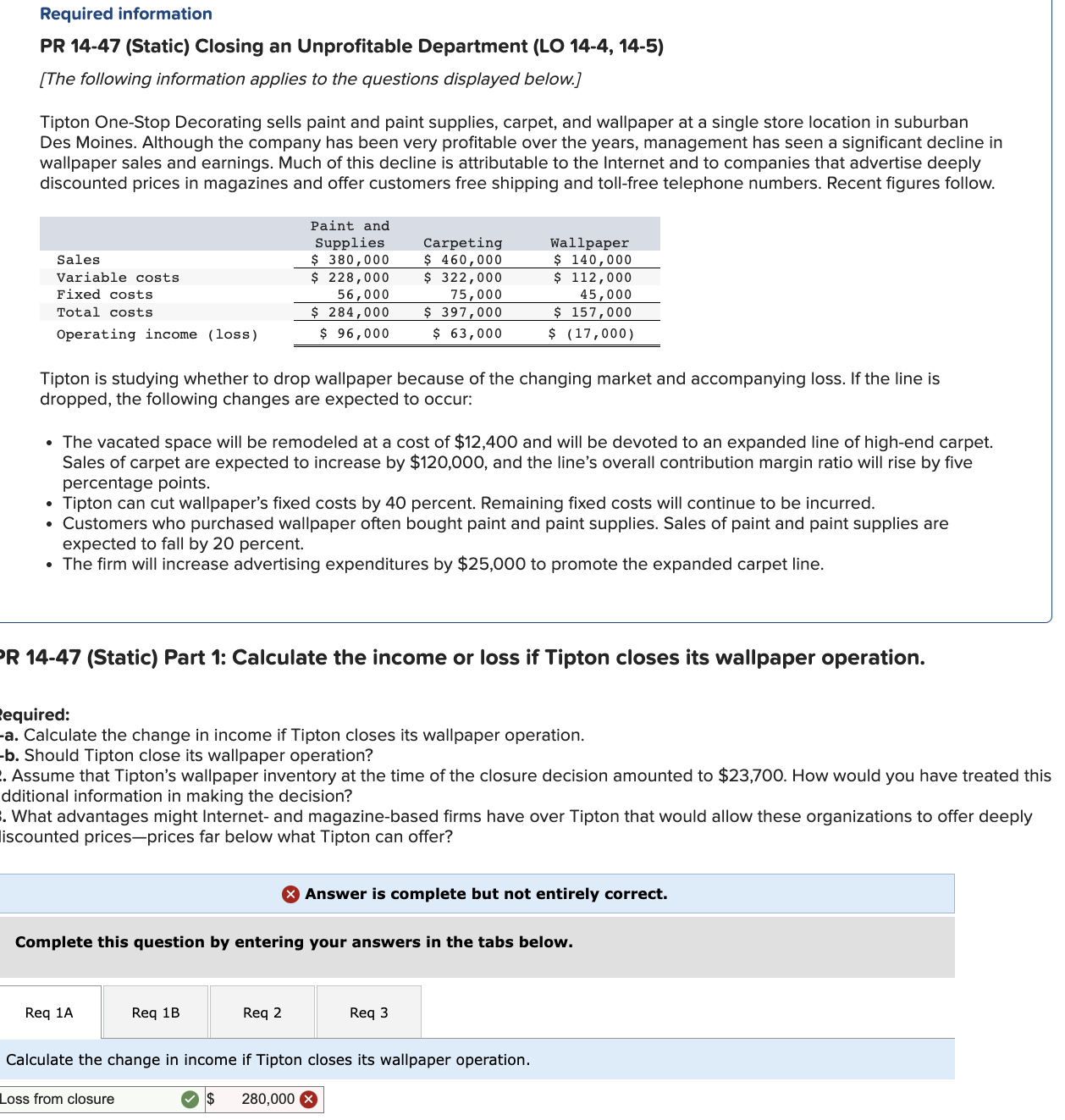 Help pls Required information PR 14-47 (Static) Closing an Unprofitable Department (LO