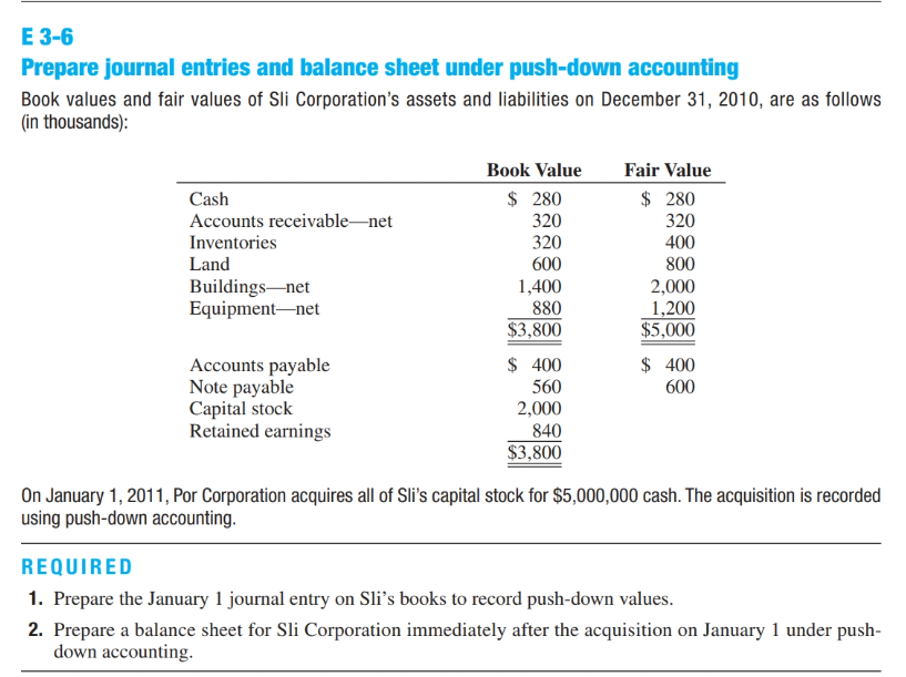 E 3-6 Prepare journal entries and balance sheet under push-down accounting